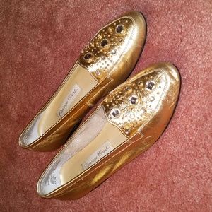 Carriage Court gold leather studded loafers
